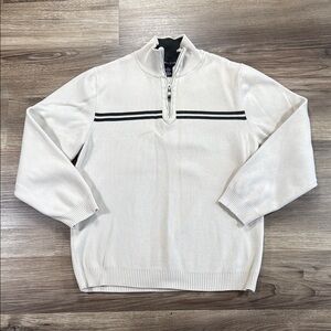 Structure‎ Mens L Cream Quarter Zip Up Sweater Sporty Stripes Eclectic Grandpa